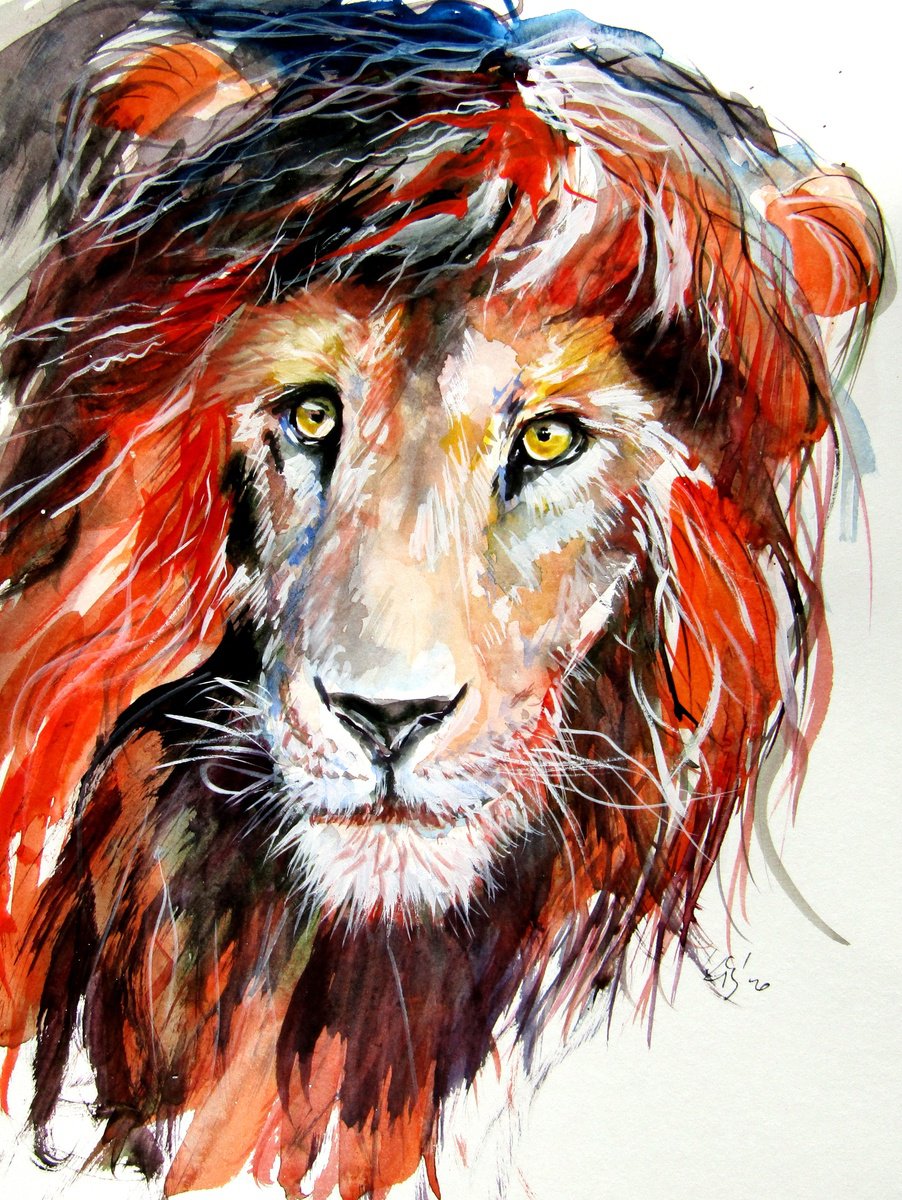 Impressionistic Animal Watercolour By Kovacs Anna Brigitta, 10 X 13", Lion Portrait, Original Artwork