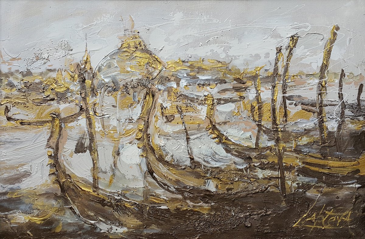 Impressionistic Cityscapes Acrylic Painting By Viktoria Lapteva, 26 X 18", Golden Gondolas Of Venice, Original Artwork