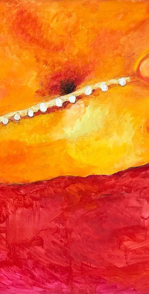 NECKLACE -  original oil painting, figurative, indian oriental scene, yellow red vivid colours, tummy by Karakhan