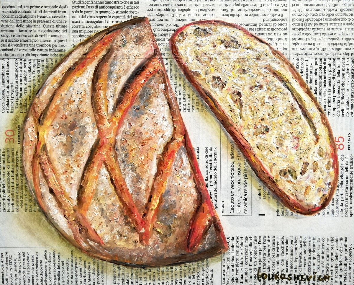 Bread Loaf on Newspaper Original Oil on Canvas Board Painting 12 by 10 inches (30x25 cm) by Katia Ricci
