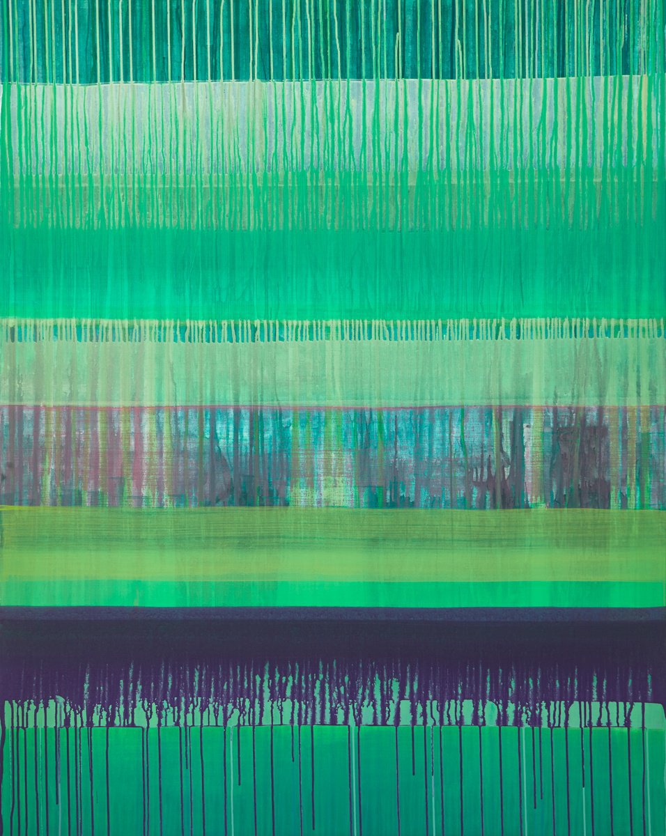 Abstract Acrylic Painting By Simon Findlay, 47 X 59", Green Purple Yellow, Original Artwork