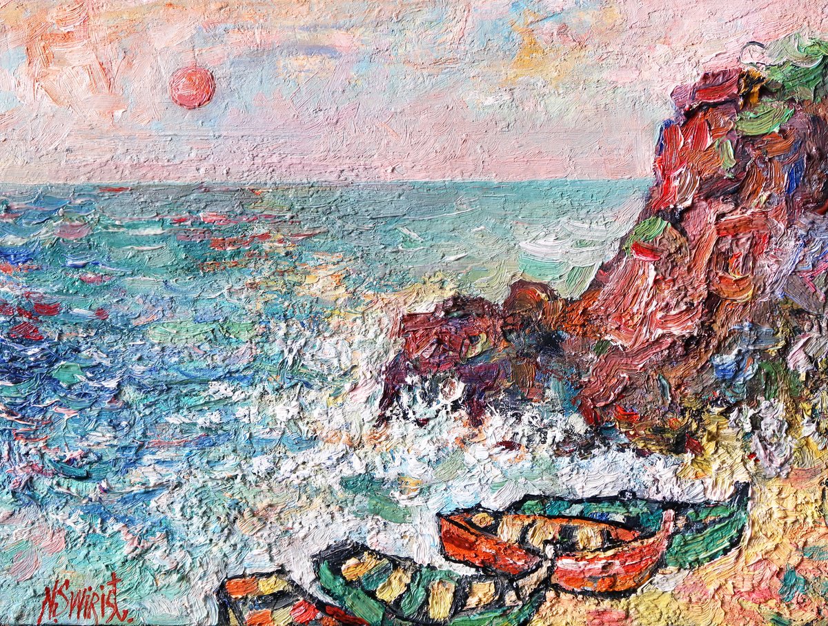 Impressionistic Landscape Oil Painting By Nikifor Swiristuhin, 16 X 12", Boats In Spain., Original Artwork