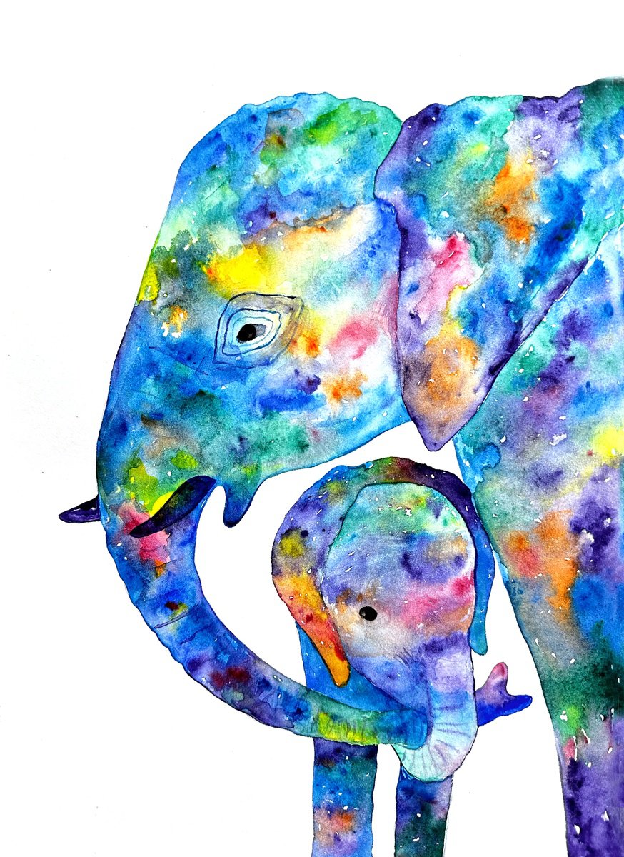 Impressionistic Animal Watercolour By Luba Ostroushko, 8 X 12", Family Of Elephants, Original Artwork