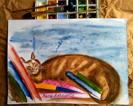 Cat Painting Animal Original Art Pet Painting Cat Portrait Watercolor Artwork 17 by 12 inches