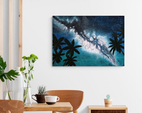Tropical night symphony with palm trees