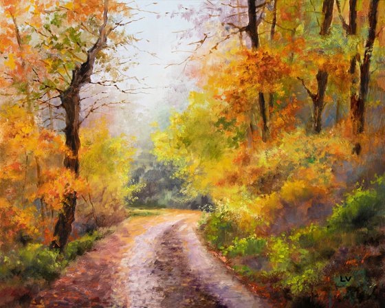 Fall scene ORIGINAL oil painting, Forest road art, Autumn colors leaves artwork, Dreamy landscape, Varm tones, Autumn fern drawing Cabin art, 'Autumn is here!'