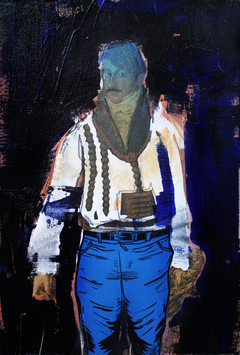 Expressive Portrait Acrylic Painting By Milos Hronec, 11 X 17", Cross-Section Through Time V, Original Artwork