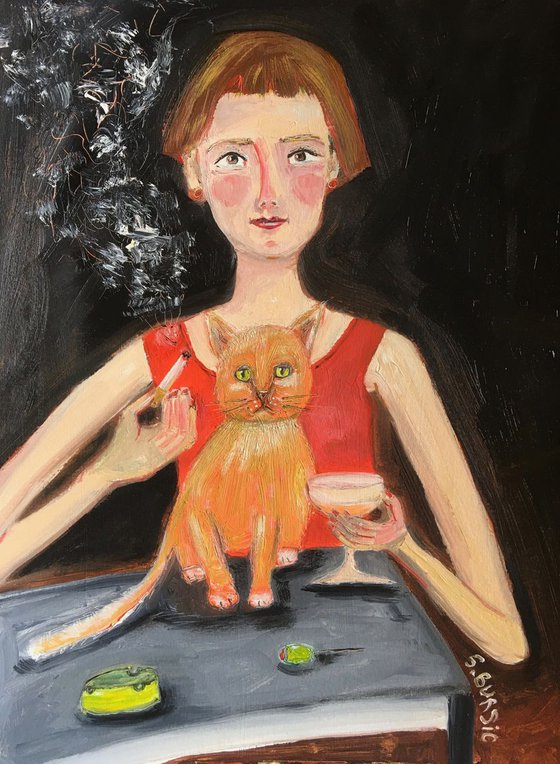 Vintage Woman with Cat martini & cigarette Figurative Impressionist
