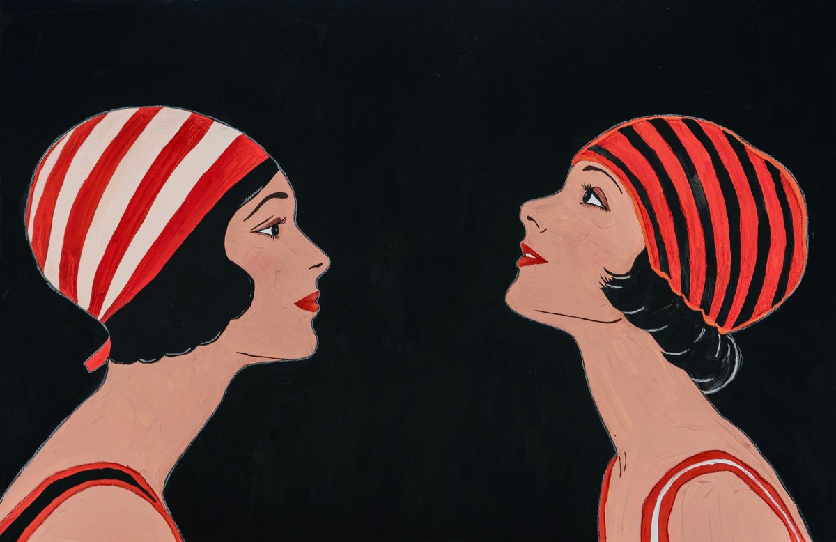 Portrait Painting By Irina Anis, 21 X 13, Two Happy Girl In Red, Original Artwork