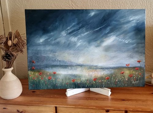 Poppies 30"x20"×2" Large Seascape Oil Painting by Hayley Huckson