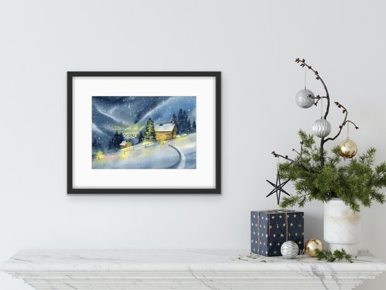 Silence in the mountains. Winter landscape. Original watercolor artwork.