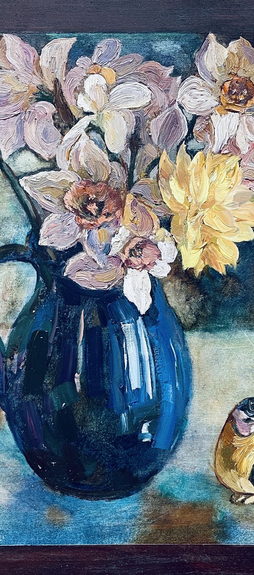 Daffodils in a blue vase by Nadezda Stupina