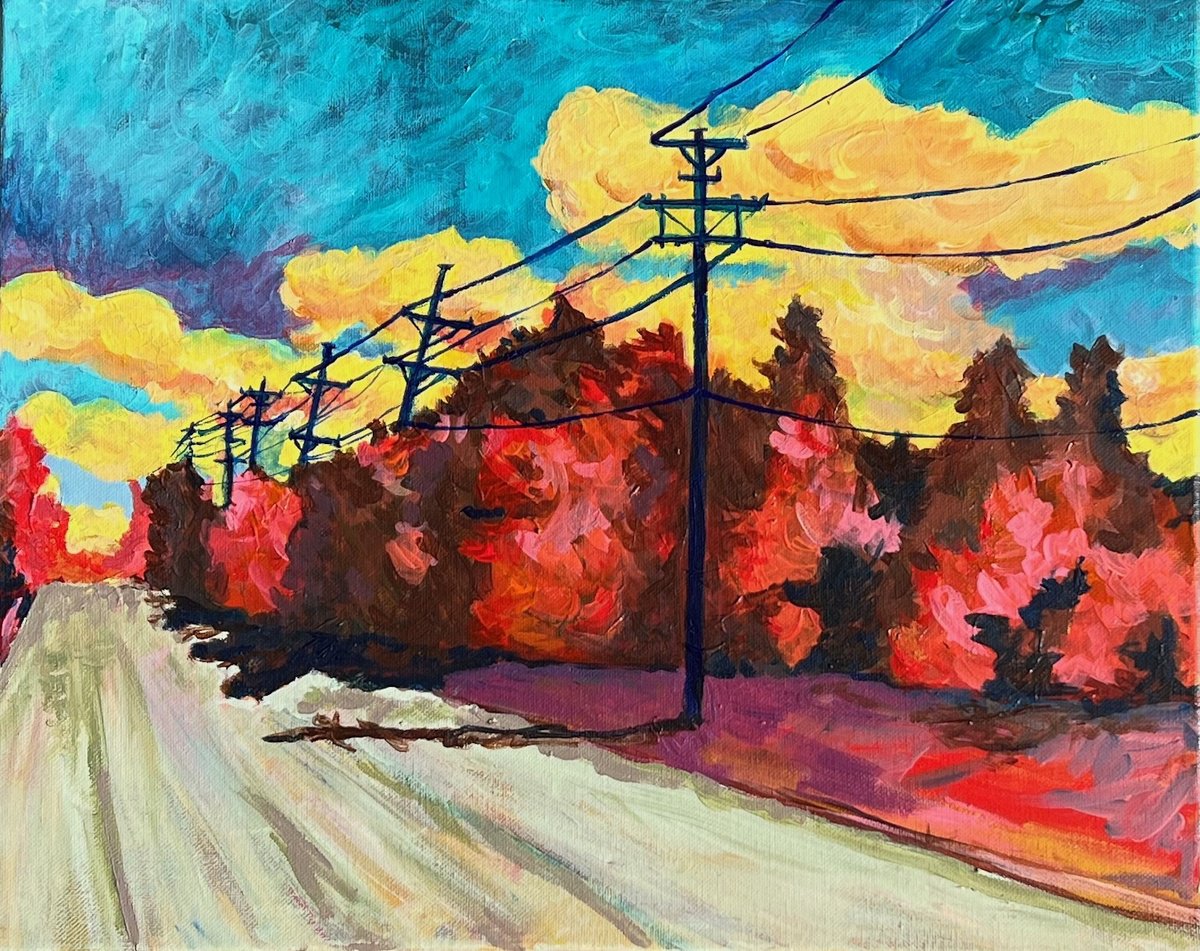 Landscape Acrylic Painting By Heather Kostal, 20 X 16, Road With Lines, Original Artwork
