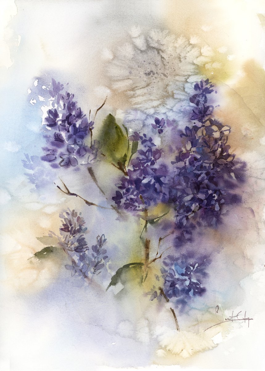 Impressionistic Botanical Watercolour By Sophie Rodionov, 12 X 16", Lilac Flowers, Original Artwork