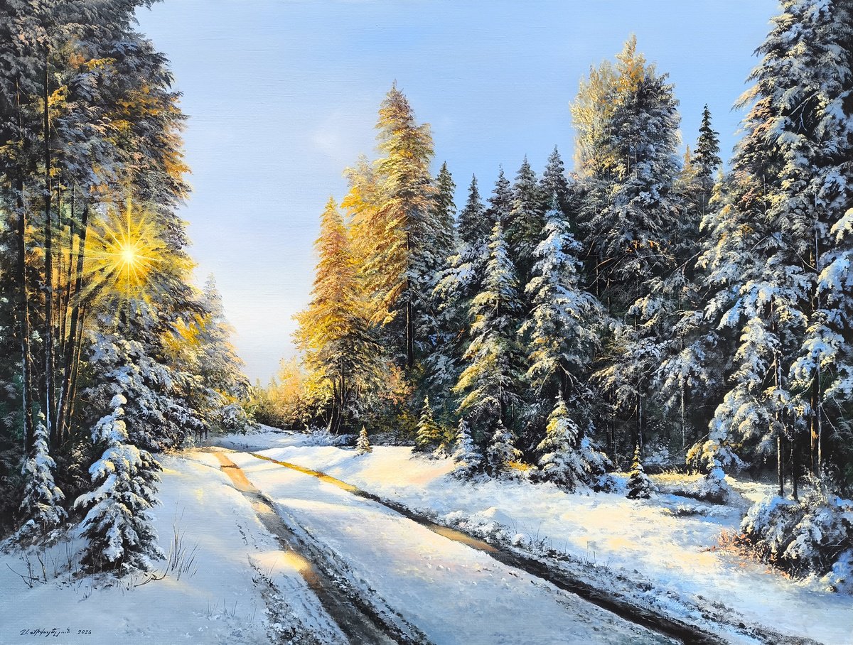 Photorealistic Oil Painting , Snowy Pine Wood Road By Sergei Miqaielyan, 31 X 24, Artwork For Sale On Artfinder