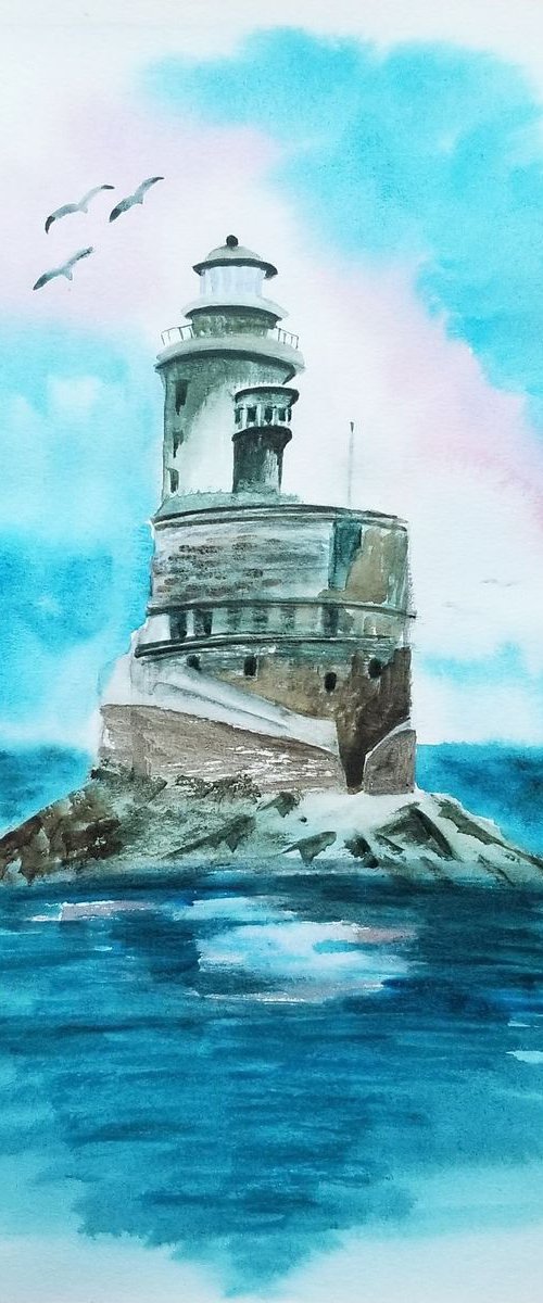 Aniva Lighthouse on Sakhalin Island (Russia). Original Watercolor Painting on Cold Press Paper 300 g/m or 140 lb/m. Cityscape Painting. Wall Art. 11" x 15". 27.9 x 38.1 cm. Unframed and unmatted. by Alexandra Tomorskaya/Caramel Art Gallery