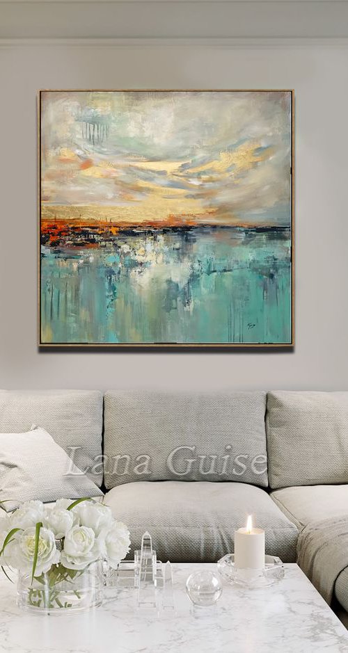 Gold Creme Teal Tuquoise Abstract Painting Large Canvas, Gold Leaf, Minimalist Painting, Blue Green Aqua Abstract Painting by Lana Guise by Lana Guise