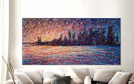 New York Exclusive painting technique Evening Hudson river Skyscrapers - ROLLED - 43" x 81" /110 x 205 cm. Modern city painting