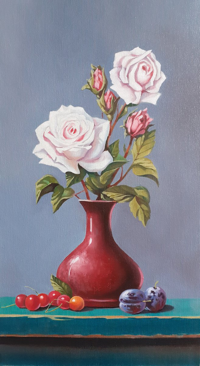 Photorealistic Still Life Oil Painting By Ara Gasparian, 10 X 18, Still Life With Roses, Original Artwork