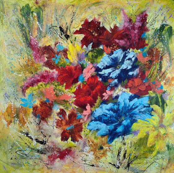 "A Kaleidoscope of Blossoms" from "Colours of Summer" collection, XXL abstract flower painting