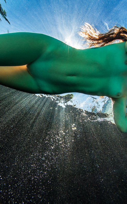 The Real Mermaid - underwater photo of naked young woman in sunbeams - print on aluminum by Alex Sher