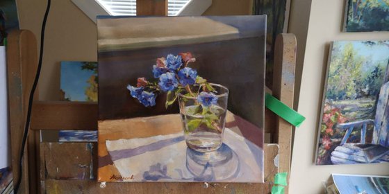 "Essence of spring in a water glass", original, one-of-a-kind, oil on canvas impressionistic painting (12x12")