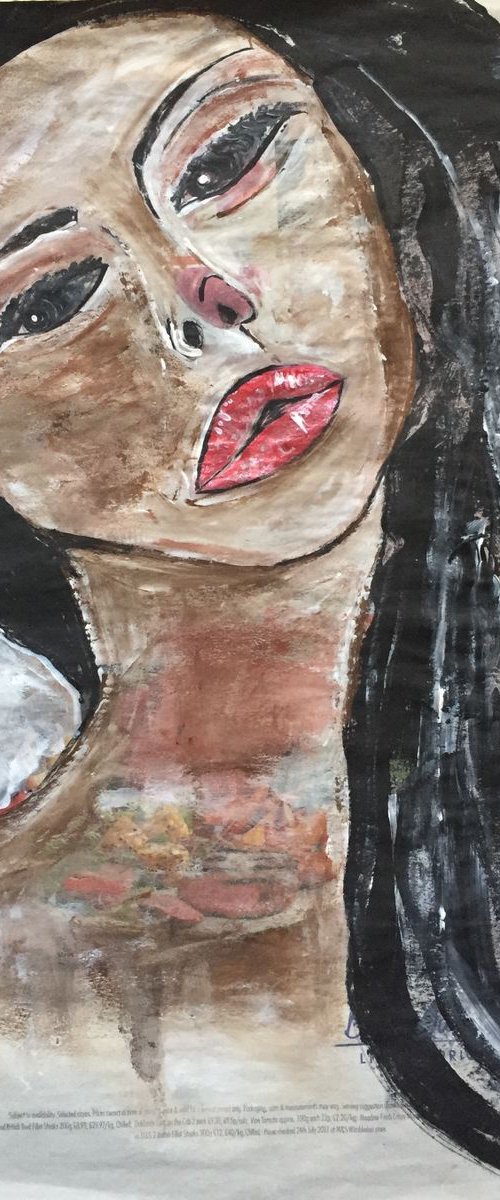 Lushes Acrylic on Newspaper Face Art Woman Portrait Red Lips 37x29cm Gift Ideas Original Art Modern Art Contemporary Painting Abstract Art For Sale Free Shipping by Kumi Muttu