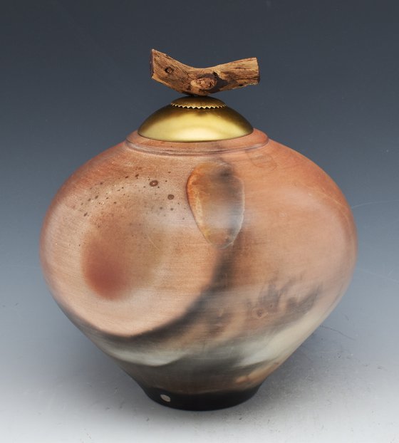 Sagger fired porcelain covered vessel with brass and cork fittings. B04 130 cubic inches