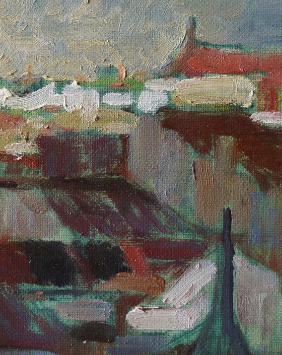Original Oil Painting Wall Art Signed unframed Hand Made Jixiang Dong Canvas 25cm × 20cm Landscape Small View of Prague from distance Impressionism Impasto