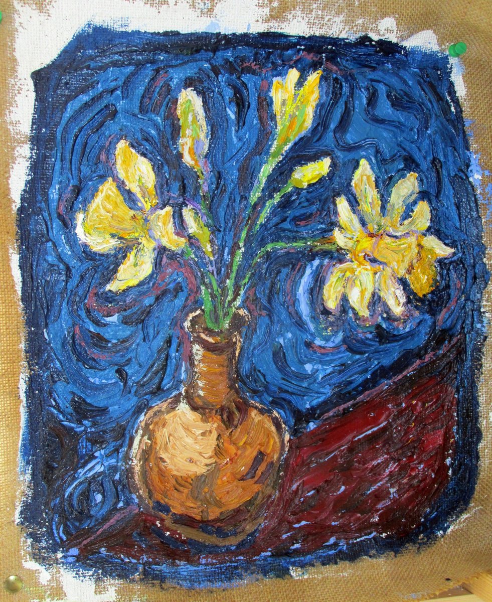 Expressive Botanical Oil Painting By Richard Meyer, 15 X 17", Daffodils, Original Artwork