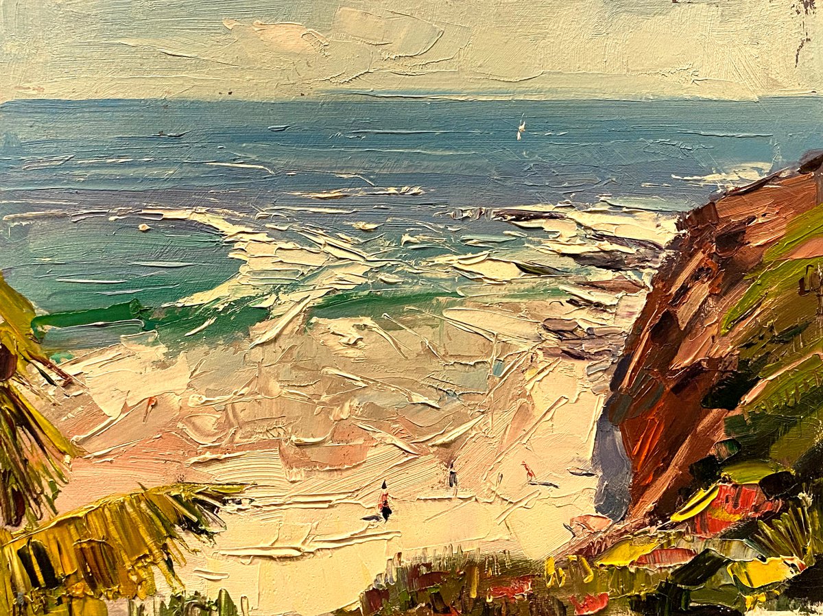 Impressionistic Landscape Oil Painting By Paul Cheng, 12 X 9", Beach Ocean Sky And Cliffs, Original Artwork