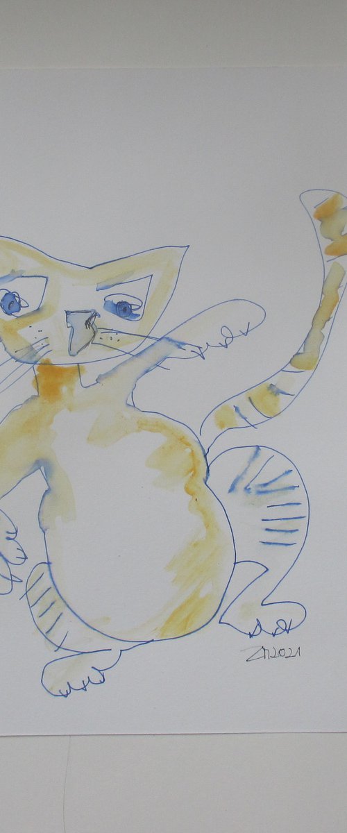 crazy cat aquarelle 8,2 x 11,4 inch unique mixedmedia drawing by Sonja Zeltner-Müller