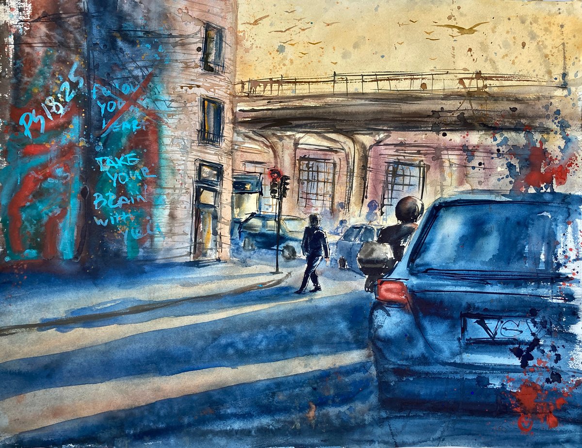 Impressionistic Cityscapes Watercolour By Valeria Golovenkina, 30 X 22", Genova. Graffiti, Original Artwork