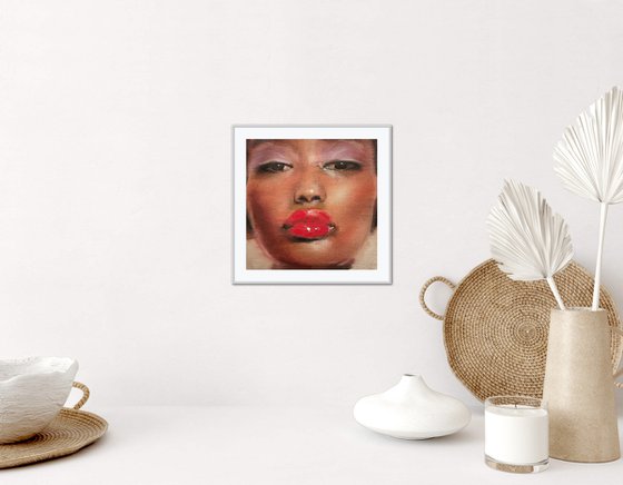 Lisa - beauty oil painting of pretty black women female on canvas with dark pink red lipstick purple eye makeup contemporary portrait lady