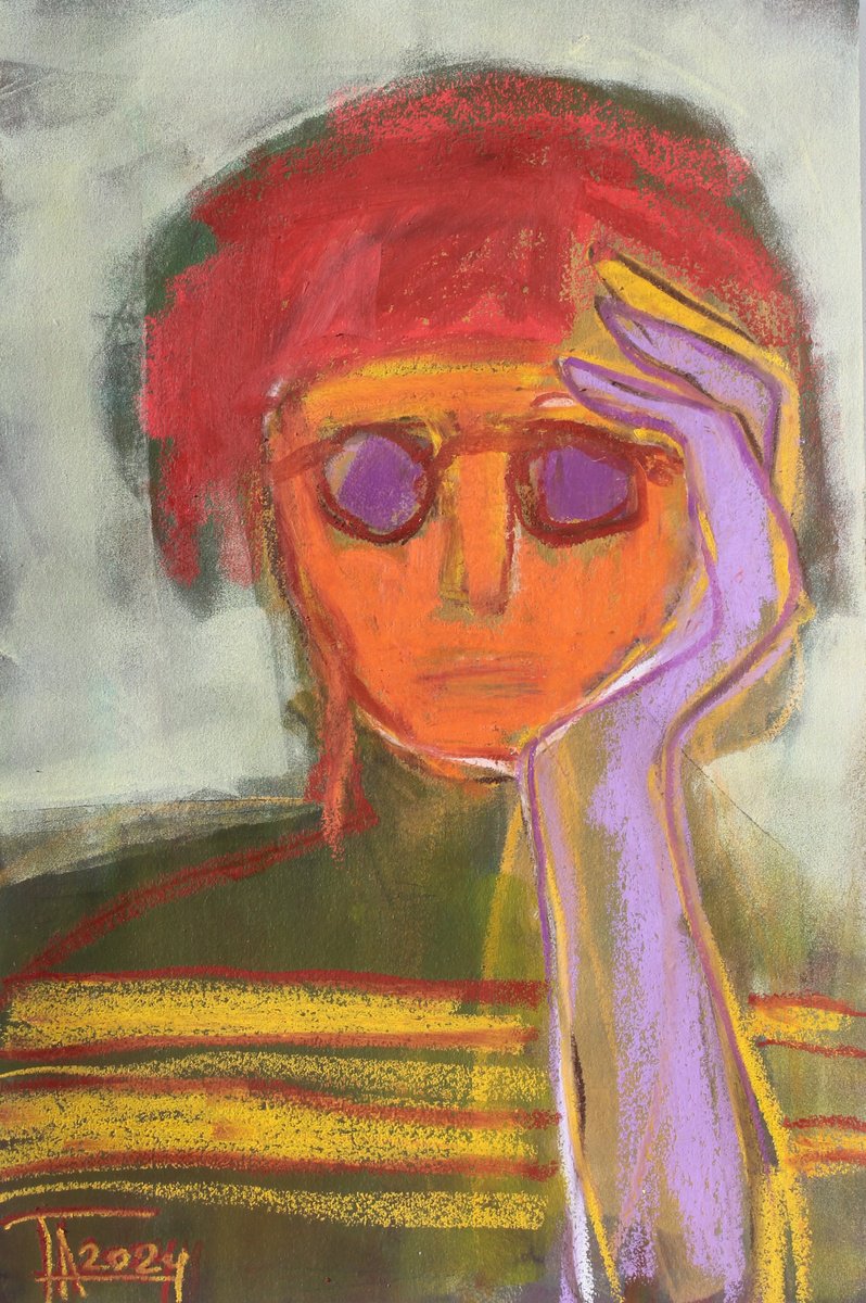 Expressive Portrait Pastel Drawing By Tatjana Auschew, 13 X 20", Thoughts About My Own., Original Artwork