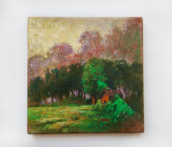 Barn forest landscape art abstract oil painting original 8x8 on canvas