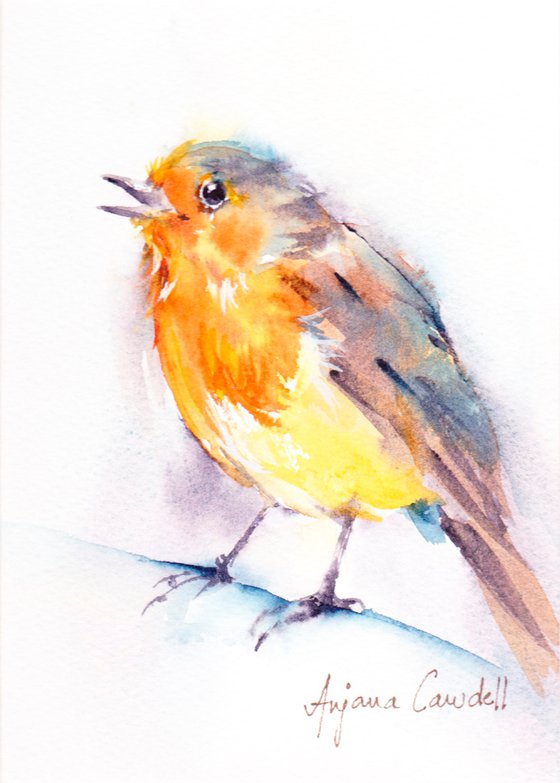 Robin Painting, Bird painting, Robin fledgling, original watercolour, garden bird