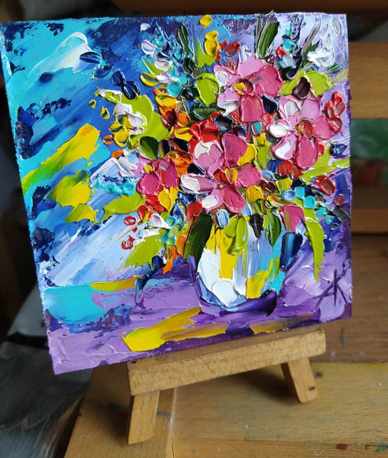 Small bouquet - small painting, flowers oil painting, oil painting, flowers, postcard, bouquet, gift idea, gift