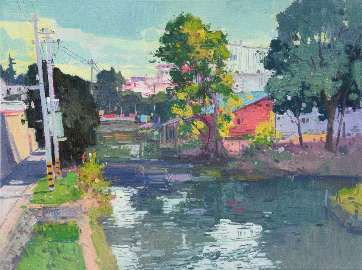 Impressionistic Landscape Oil Painting By Jianzhe Chon, 31 X 24, Town 210, Original Artwork