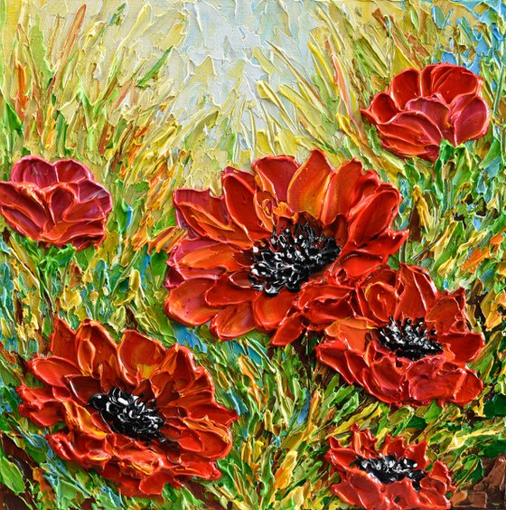 Red Poppies - Original Impasto Floral Painting, Palette Knife Textured Wall Art Canvas