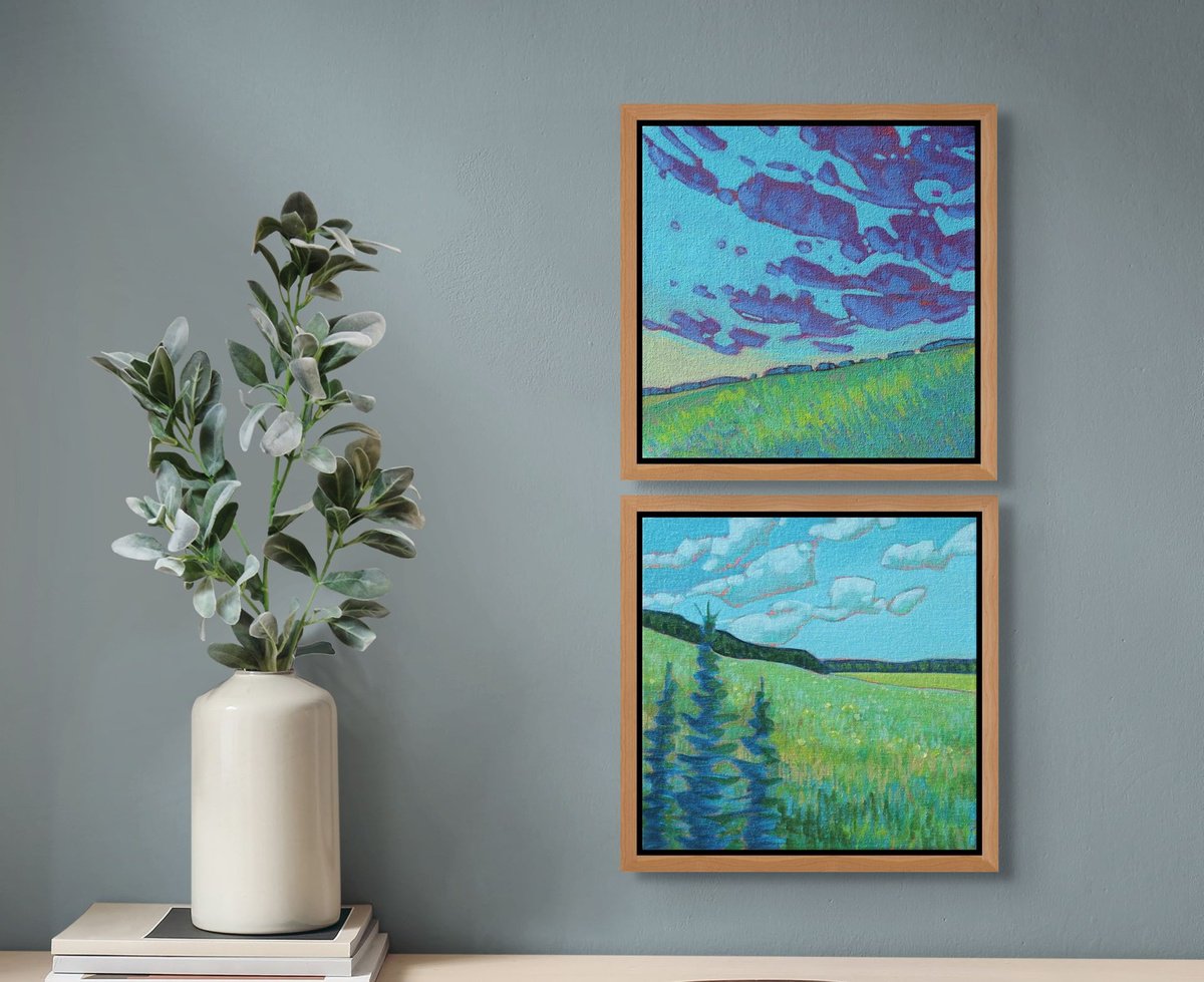 Geometric Abstract Acrylic Painting By Sage Mountain Studio, 12 X 12", Fields With Clouds, Set Of Two, Original Artwork