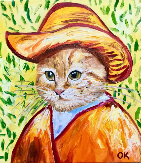 Satisfied  Cat La Van Gogh in a straw hat FELINE ART FOR CAT LOVERS GIFT IDEA