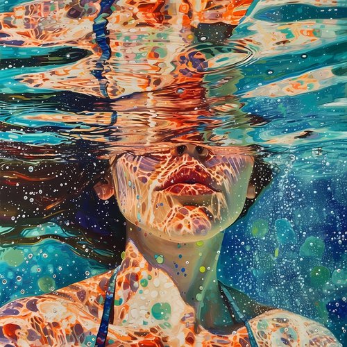 Woman under water in the swimming pool, sea, ocean with blue green turquoise color waves with bright sun glares. Impressionistic artwork with female face portrait. Positive relax holiday colorful wall art home decor. Art Gift by BAST