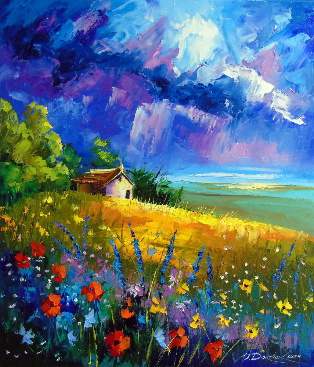 Impressionistic Landscape Oil Painting By Olha Darchuk, 24 X 28", Among The Flowers And Clouds, Original Artwork