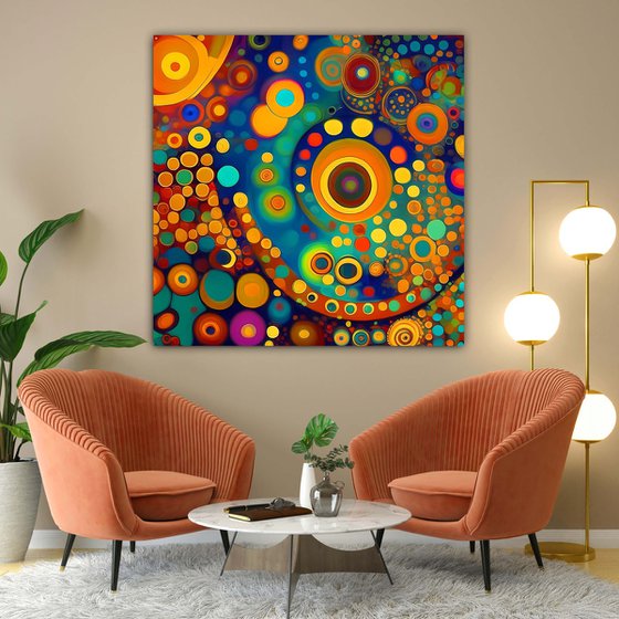 Klimt inspiration abstract. Large positive vibrant colors geometric abstract, bright wall art hanging