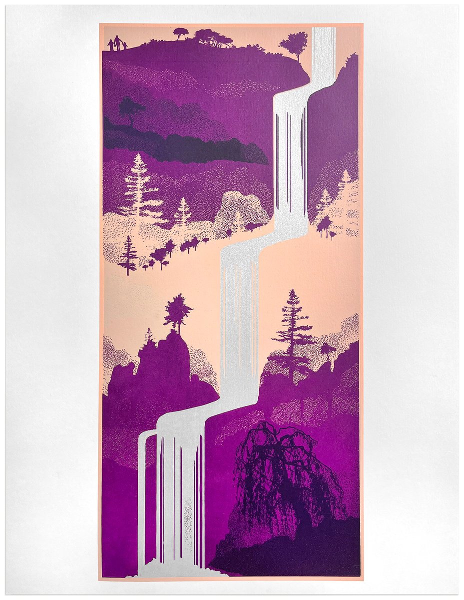 Illustrative Landscape Screenprint By Chris Keegan, 11 X 14, Cascade, Original Artwork
