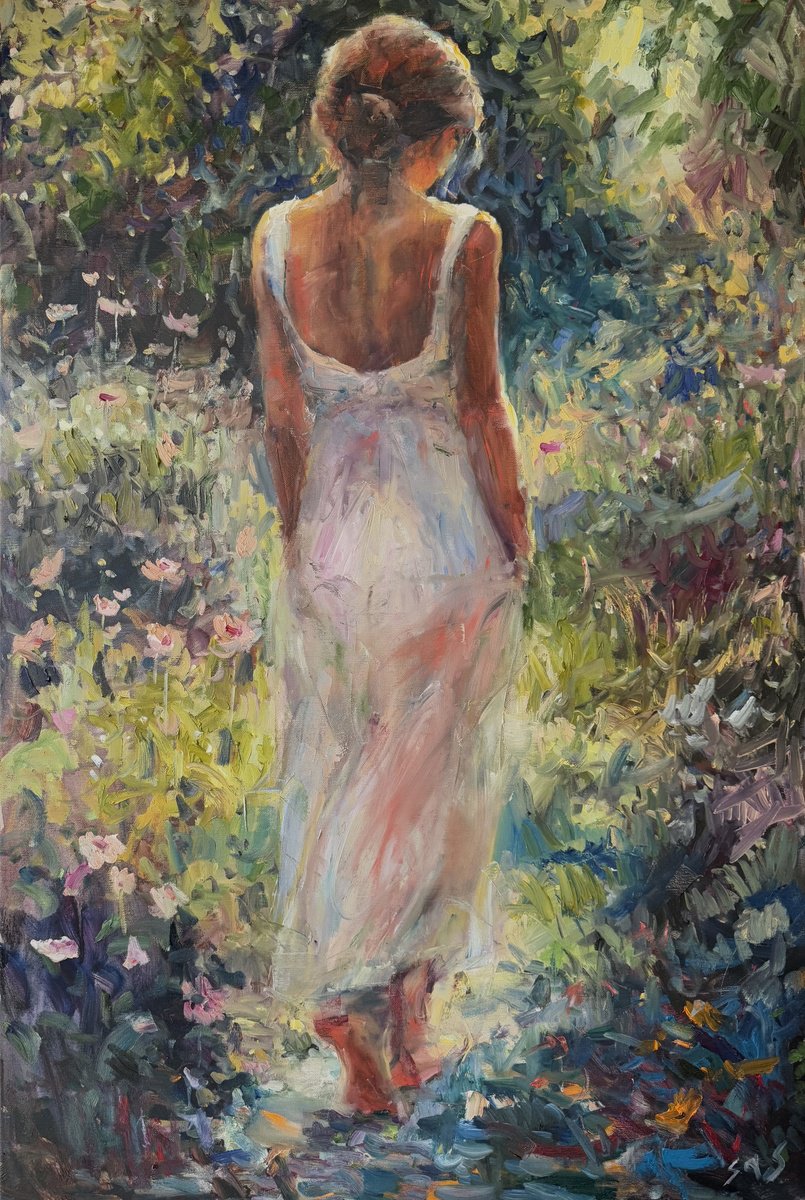 Impressionistic Botanical Oil Painting By Liubou Sas, 31 X 47", In The Summer Garden 2, Original Artwork