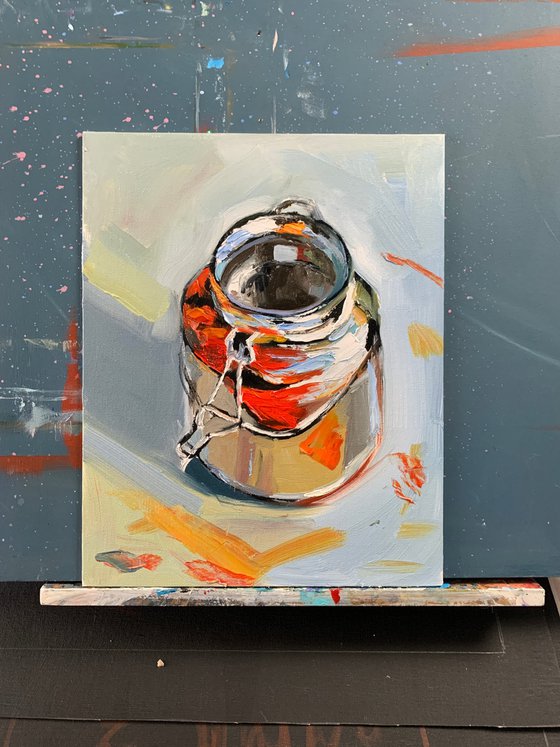 Still life.Silver jar.