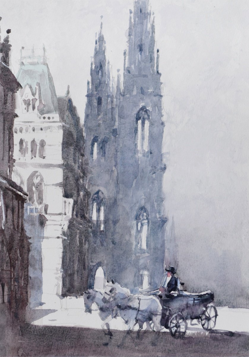 Impressionistic Cityscapes Watercolour By Goran Zigolic Watercolors, 10 X 14, Vienna Streets (Wien), Original Artwork