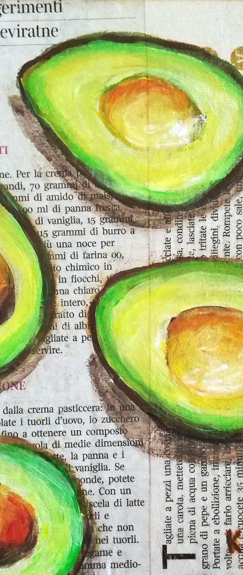 "Avocadoes on Newspaper" Original Acrylic on Canvas Board Painting 8 by 8 inches (20x20 cm) by Katia Ricci